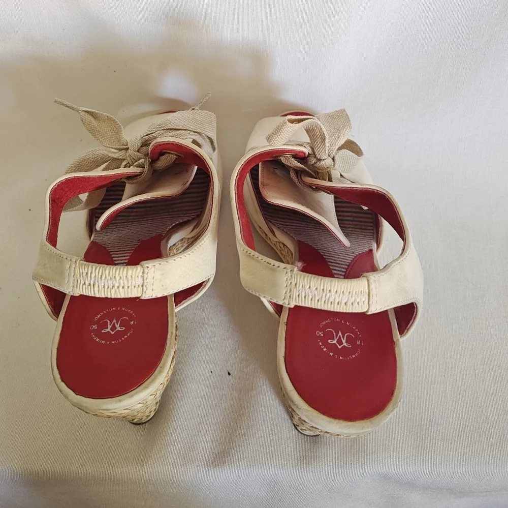 Johnston & Murphy Wedge Sandals Lace Up Espadrilles Cream 6.5 Leather‎ Natural